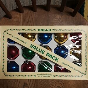 Holly Vintage Festive Glass Ball Ornament Set Of 15- Red, Blue, Gold,Green